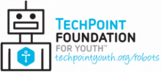 Logo for TechPoint Foundation for Youth featuring a stylized robot illustration with a hexagon-shaped emblem on its chest. The text "TechPoint Foundation for Youth" is to the right, with the URL "techpointyouth.org/robots" below.