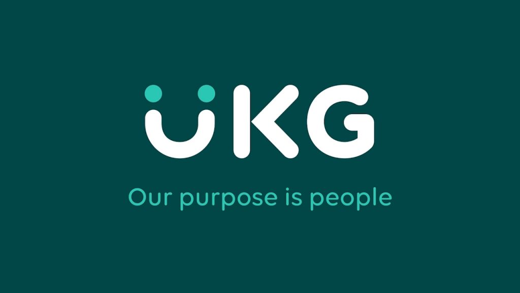 A dark teal background with the white letters "UKG," designed as a smiley face with the "U" as the smile and the dots above it as eyes. Below "UKG" in light teal text is the phrase "Our purpose is people.